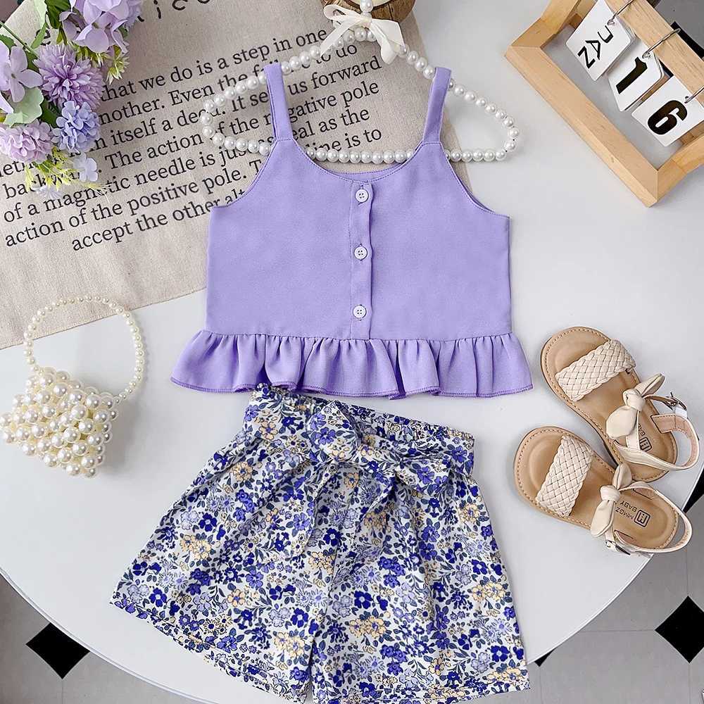 Clothing Sets Bear collar girl clothing set summer solid hanging T-shirt top+floral shorts set 2 pieces childrens clothing set 2 pieces WX