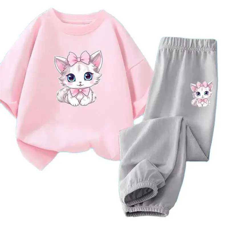 Clothing Sets 2 cute cat short sleeved childrens T-shirts and pants set for girls cotton childrens clothing set for summer childrens clothing WX