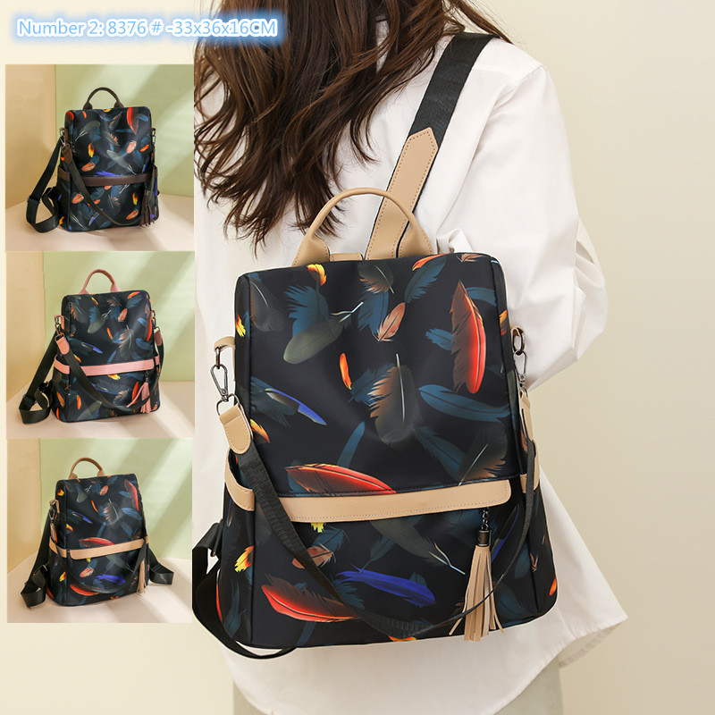 Women's Shoulder Bag Shopping Travel Light Waterproof Oxford Casual Backpack Sweet Feather Printing Womens Handbag Fashion Contrast Leather Bac