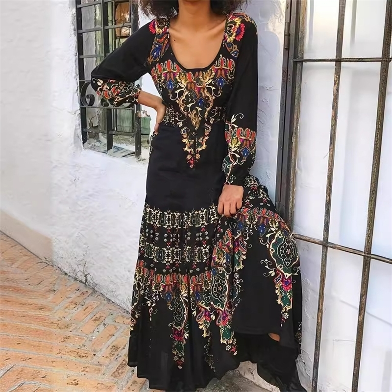 Womens Plus Tribal Print Long Sleeve Scoop Neck High Stretch Maxi Dress 240429
