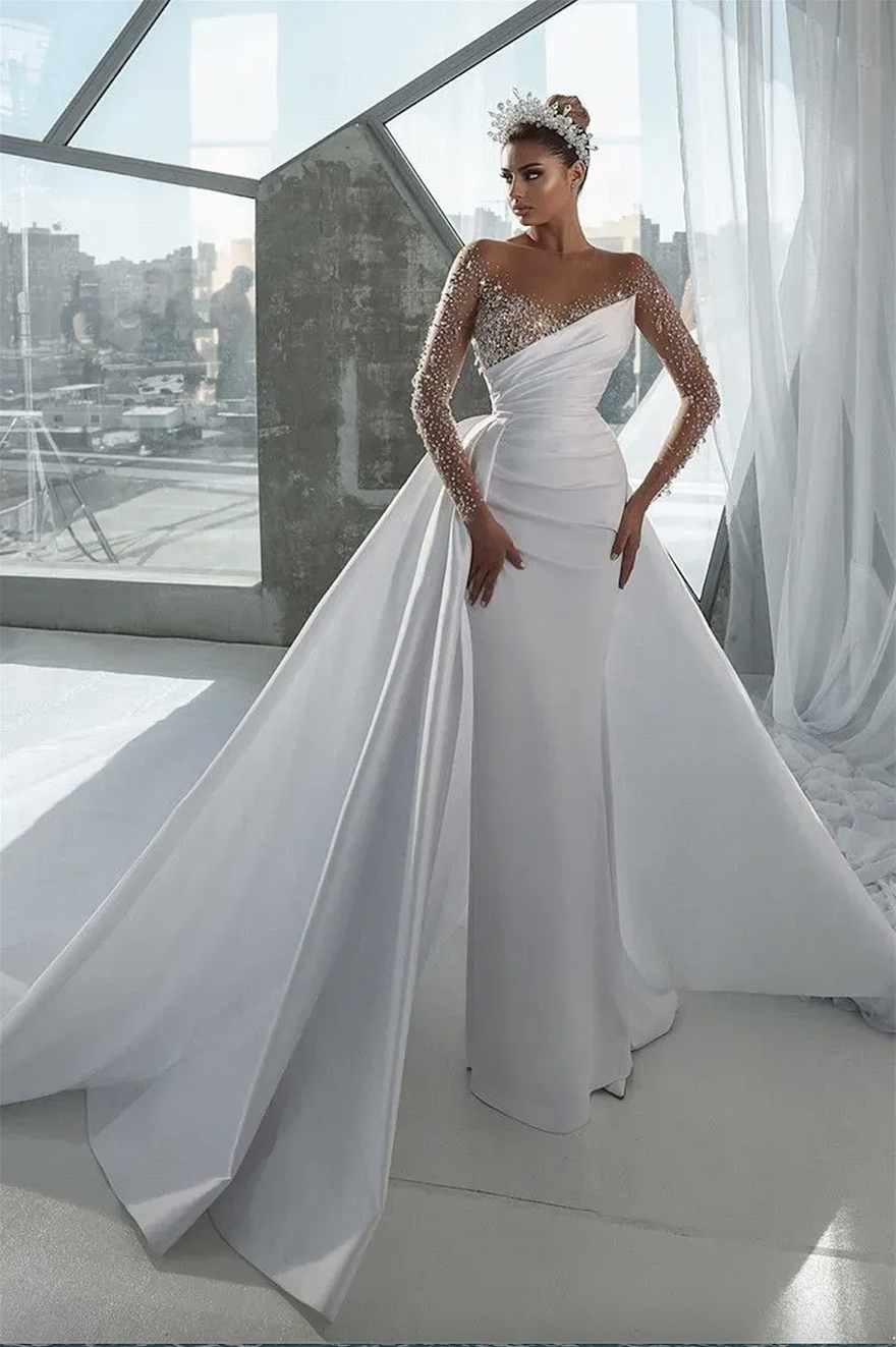 Elegant Sexy Beads Mermaid Wedding Dresses Sheer Long Sleeve Crystals Jewel Neck Arabic Dubai Bridal Gowns with Detachable Skirt