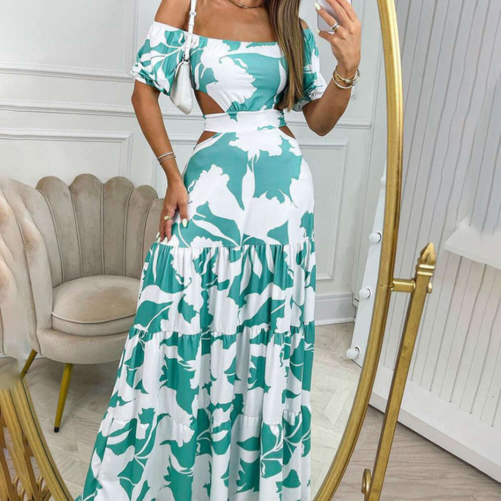 Summer 2024 Women's New Fashion Printed Style One Shoulder High Waist Hollow Ruffle Edge Dress for Women F51736