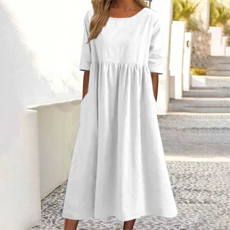Basic Casual Dresses Solid Color Casual Loose Summer Long Dresses For Women 2023 Vintage Trendy Elegant Pretty Womens A-Line O-Neck Plus Size Dress Y2