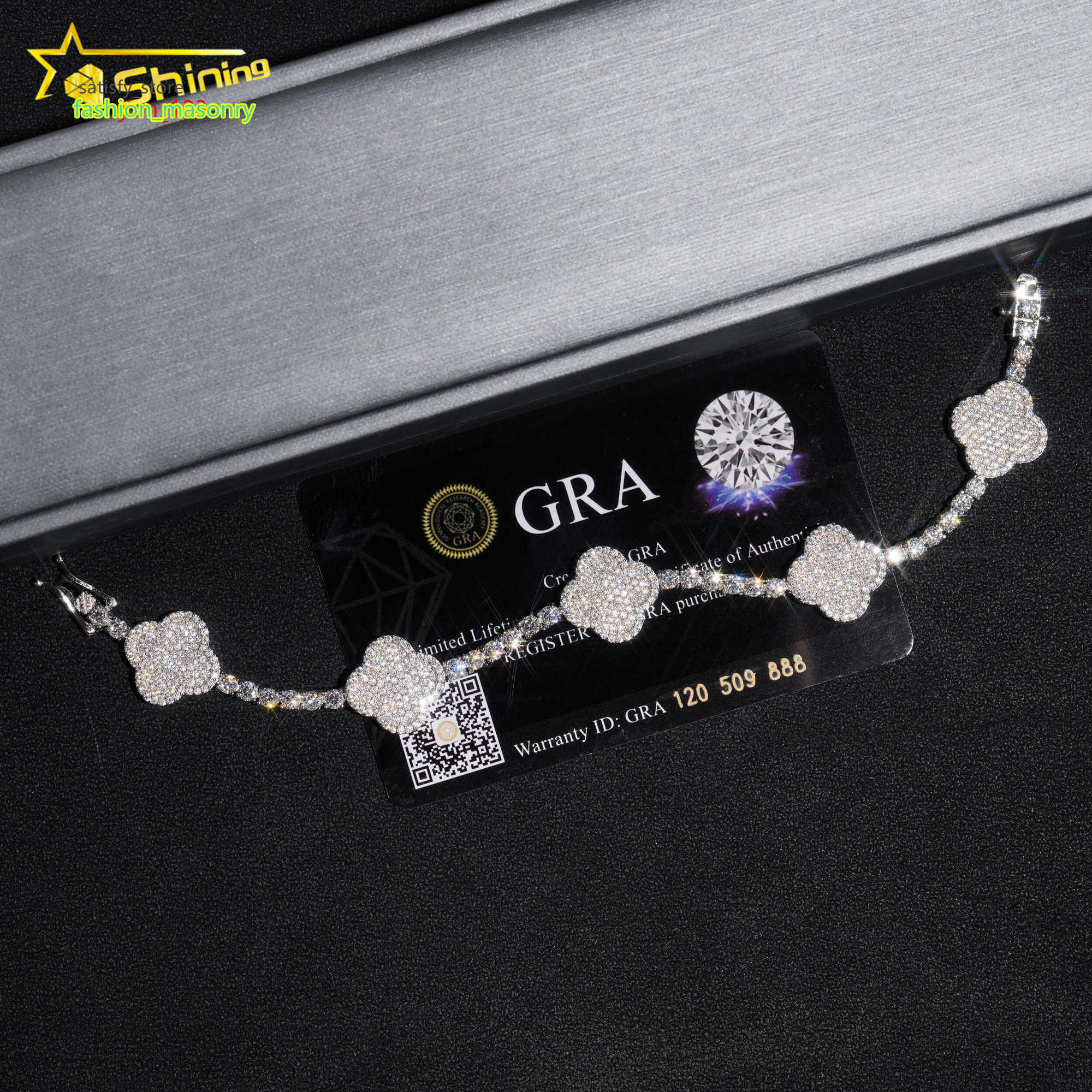 Stylish New Arrival Fashion Femme Design 925 Silver VVS Moissanite Diamond Iced Out Four Leaf Clover Tennis Chain Bracelet