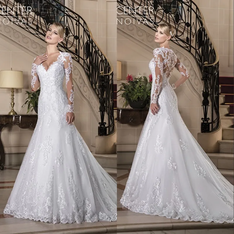 V Vintage Neck Long Sleeve Dresses Beaded Button Back Sheer Bridal Wedding Gowns Vestido De Casamento Bc estido