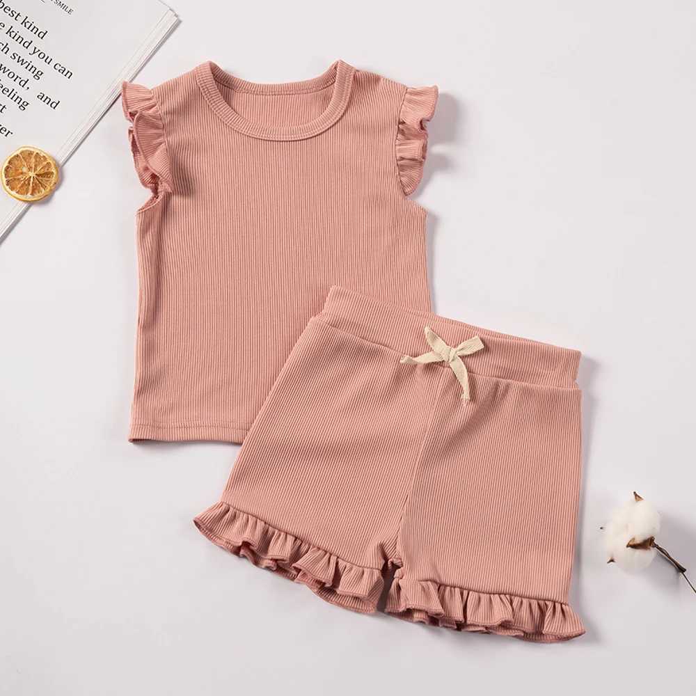 Clothing Sets Summer Girls Clothing Set 2-piece Flight Sleeves T-shirts Ruffled Shorts T-shirts Set Preschool Girls Clothing Set Pajamas Childrens Clo