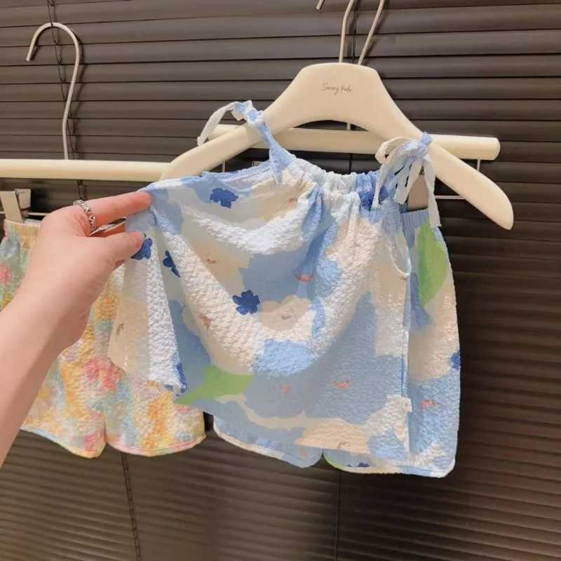 Clothing Sets Girls Clothing Set 2024 Summer Fashion Girls Set Childrens Flower Print with Oil Painting Style Fresh Set WX