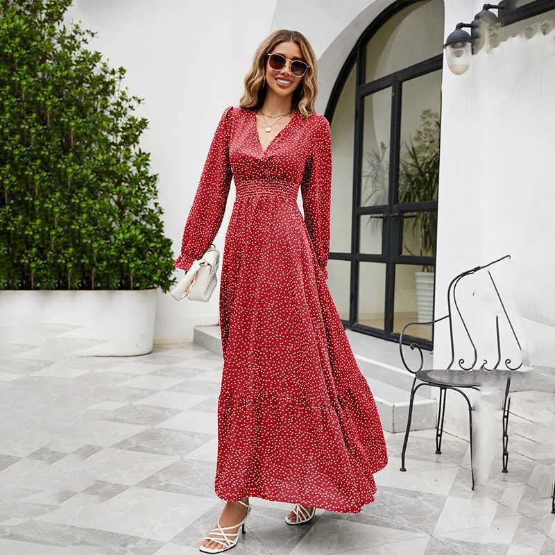 Basic Casual Dresses Spring Gentle Wind Feminine V-neck Long-slved Dress Autumn And Winter Waist Slimming With A Coat With A Long Skirt Y240515