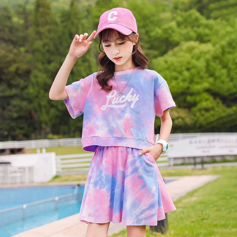 Clothing Sets Summer Girls Golf Tennis Clothing Set Childrens Tie Dye T-shirt and Skirt 2-piece Youth Top WX92415