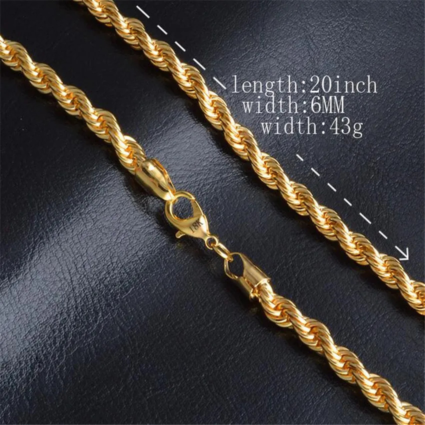 Gold Chain Necklace Fashion Jewelry 18 K 6MM 50 cm 20Inch Men Twist 240511