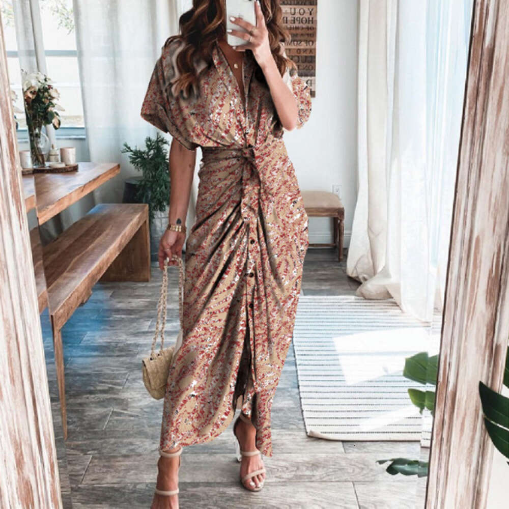 2024 Women's Summer New Short sleeved Temperament Commuting High Waist Printed Long Dress F51735