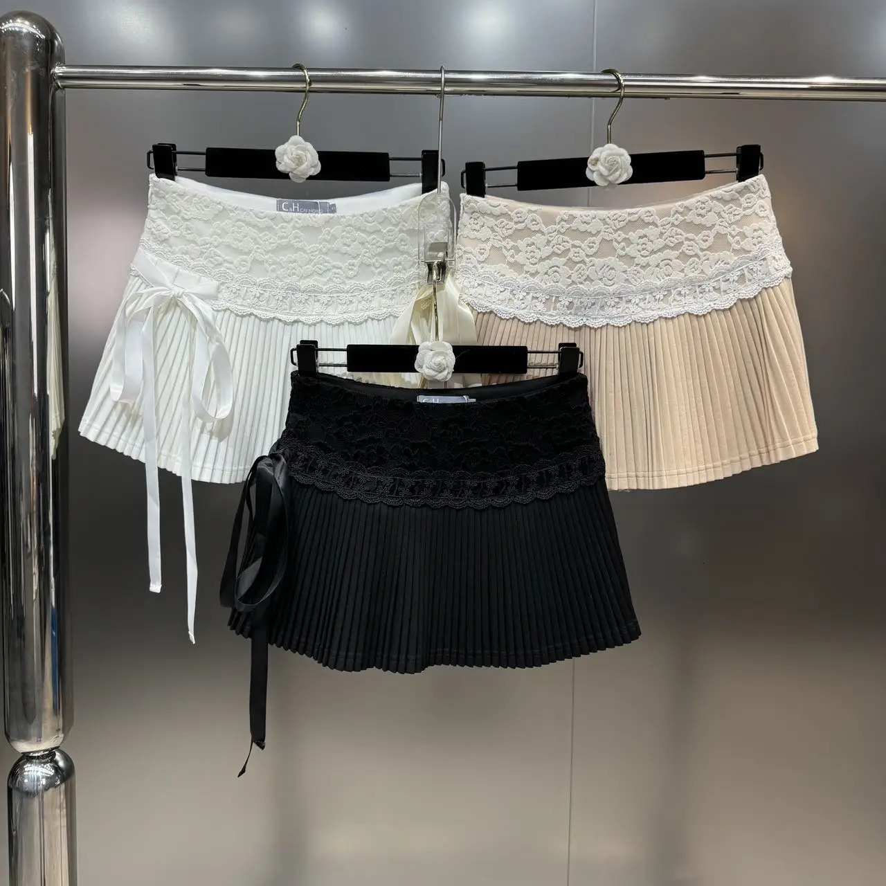 PREPOMP Spring Arrival Lace Patchwork Laceup Short Pleated Skirt Women GP462 240516