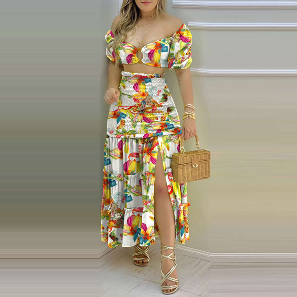 2024 Summer New Women's One Shoulder Printed Split Skirt Two Piece Set F51740