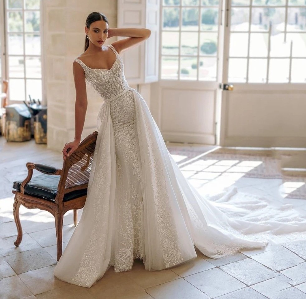 Exquisite Wedding Dress For Woman 2025 Square Neck Mermaid Lace Appliques Beads Sequins Bridal Gown Tulle Sweep Train Vestidos De Novia