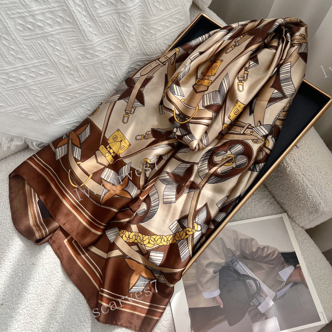 L Brand Silk Scarf Designer Women Large Shawl Chain Pattern Luxurious Bandanna Brown Gift Paris Fashion Scarf 180X90cm