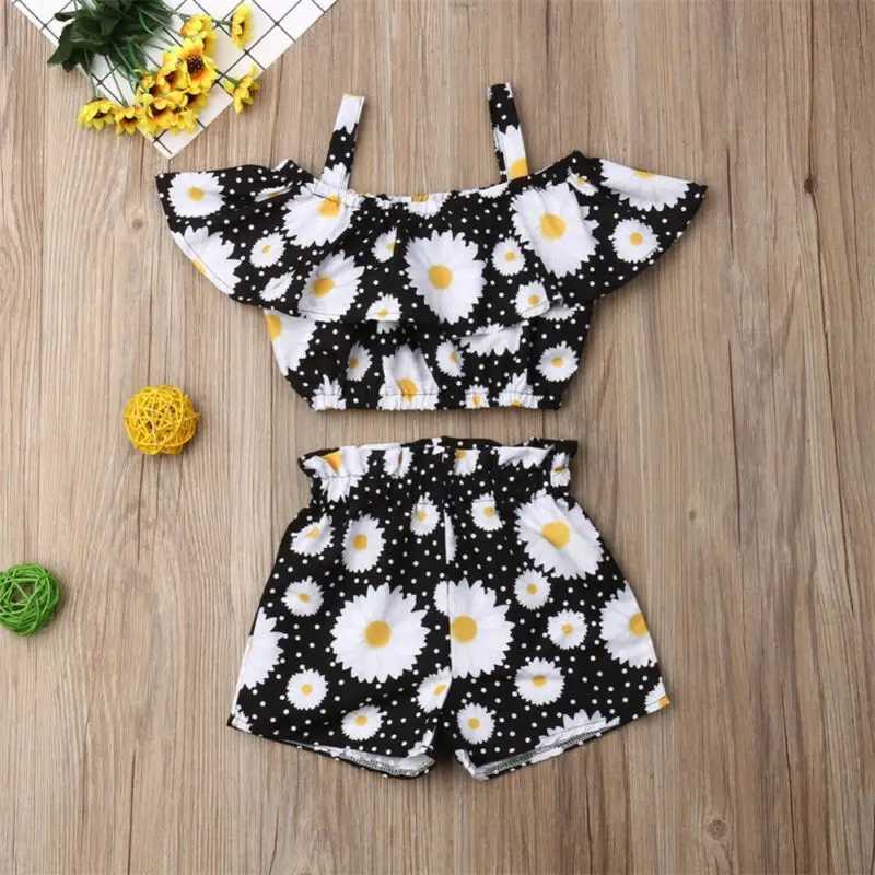 Clothing Sets The latest fashion summer baby girl clothing with shoulder pleats and sling crop tops and shorts 2PCS clothing WX