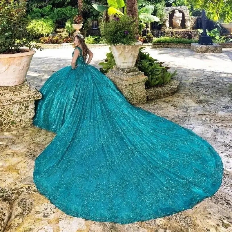 Green Shiny Quinceanera Dresses Princess Ball gown Sweet 16 Dress Off The Shoulder 3D Floral Appliques Puffy Prom Dress Vestidos De 15 Anos