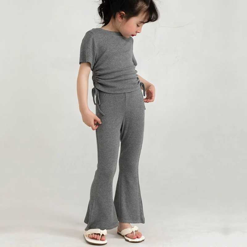 Clothing Sets 2 pieces of summer childrens and girls solid color ribbon dress childrens soft T-shirt top+elastic waist Bell bottom flash leg pants set