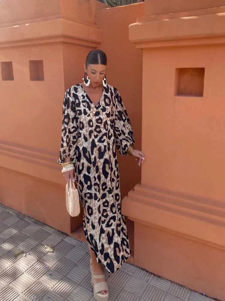 Basic Casual Dresses Elegan V-neck Leopard Print Maxi Dress For Women Vintage Lantern Slves Loose Vestido 2024 Spring Casual Female High Strtwear Y240