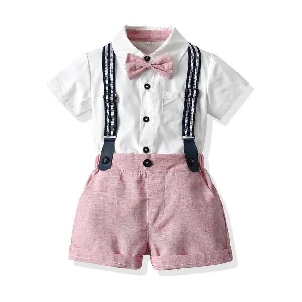 Clothing Sets Boys shirt set summer boys ceremony shorts flip collar short sleeved shirt bow tie shorts elegant boys clothing childrens dress set WX