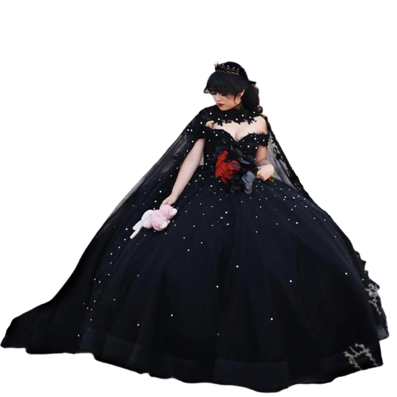 Black Ball Gown Gothic Wedding Dresses With Long Wrap 2024 Off The Shoulder Long Tulle Bridal Gowns Lace Appliques Beaded Plus Size Vestido De Novia
