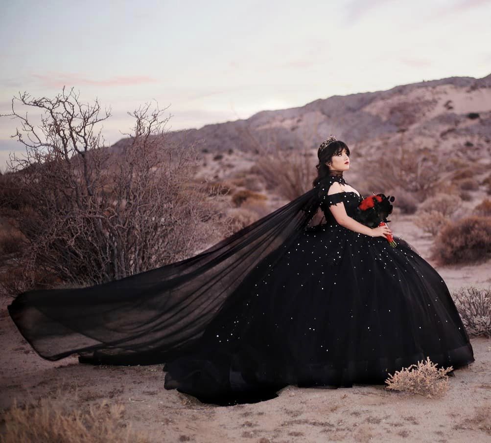 Black Ball Gown Gothic Wedding Dresses With Long Wrap 2024 Off The Shoulder Long Tulle Bridal Gowns Lace Appliques Beaded Plus Size Vestido De Novia