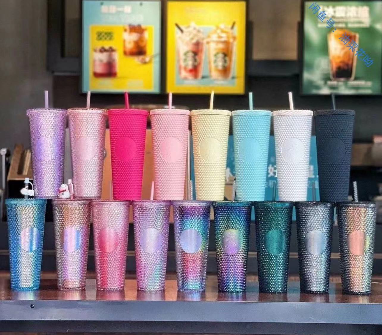 New Studded Tumblers 710ML plastic coffee cup Bright Diamond Starry Sippy Cup Durian Cup Gift products with box straw and lid