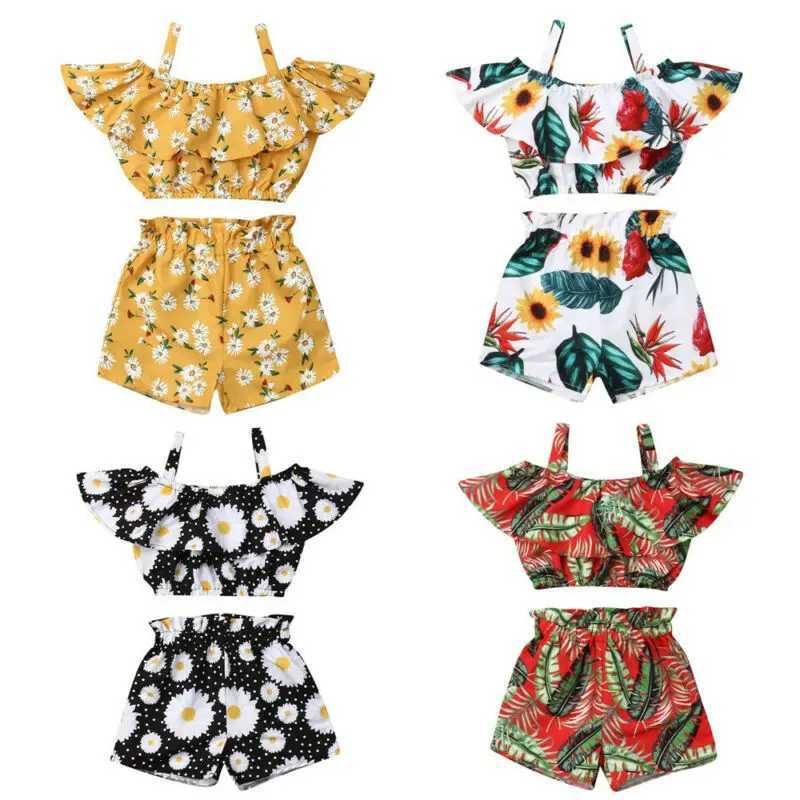 Clothing Sets The latest fashion summer baby girl clothing with shoulder pleats and sling crop tops and shorts 2PCS clothing WX