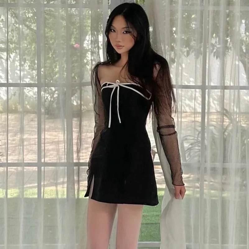 NEONBABIPINK Bow Tube Dress with Mesh Cardigan Girls Y2k Coquette Clothes Aesthetic Sexy Black 2 Piece Mini Sets N33CG20 240513