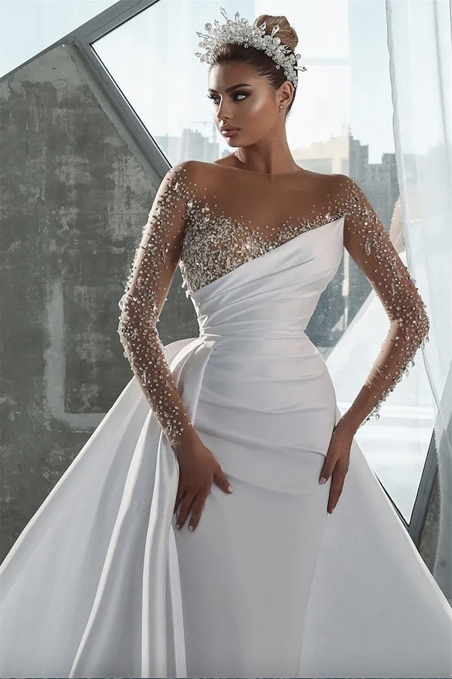 Elegant Sexy Beads Mermaid Wedding Dresses Sheer Long Sleeve Crystals Jewel Neck Arabic Dubai Bridal Gowns with Detachable Skirt