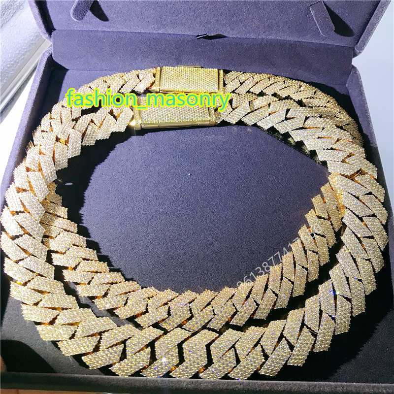 20mm 4 Rows Hand Set Mens Necklace 10k Yellow Gold Vvs Moissanite Dia Cuban k Chain
