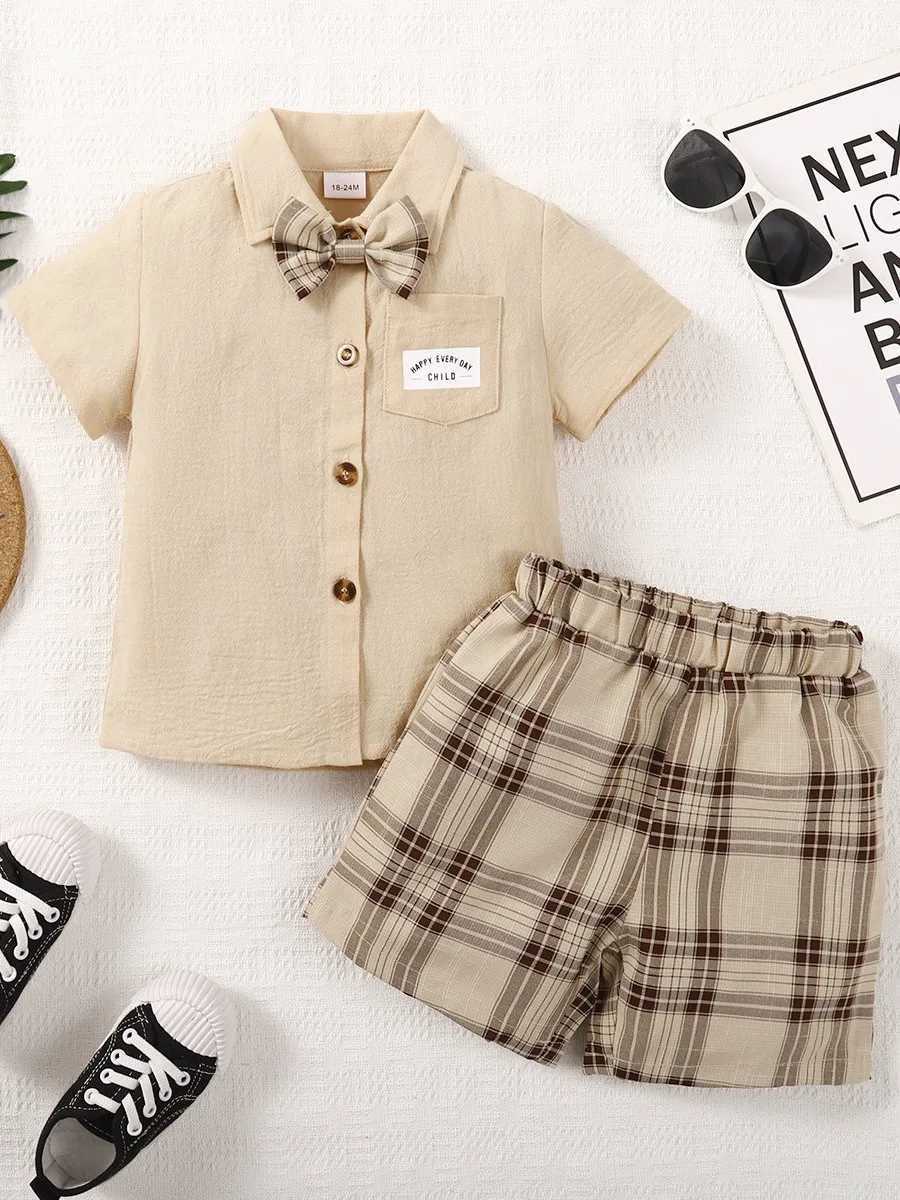 Clothing Sets 2PCS childrens mens clothing set short sleeved solid color shirt with bow and shorts fashionable mens clothing suitable for children age