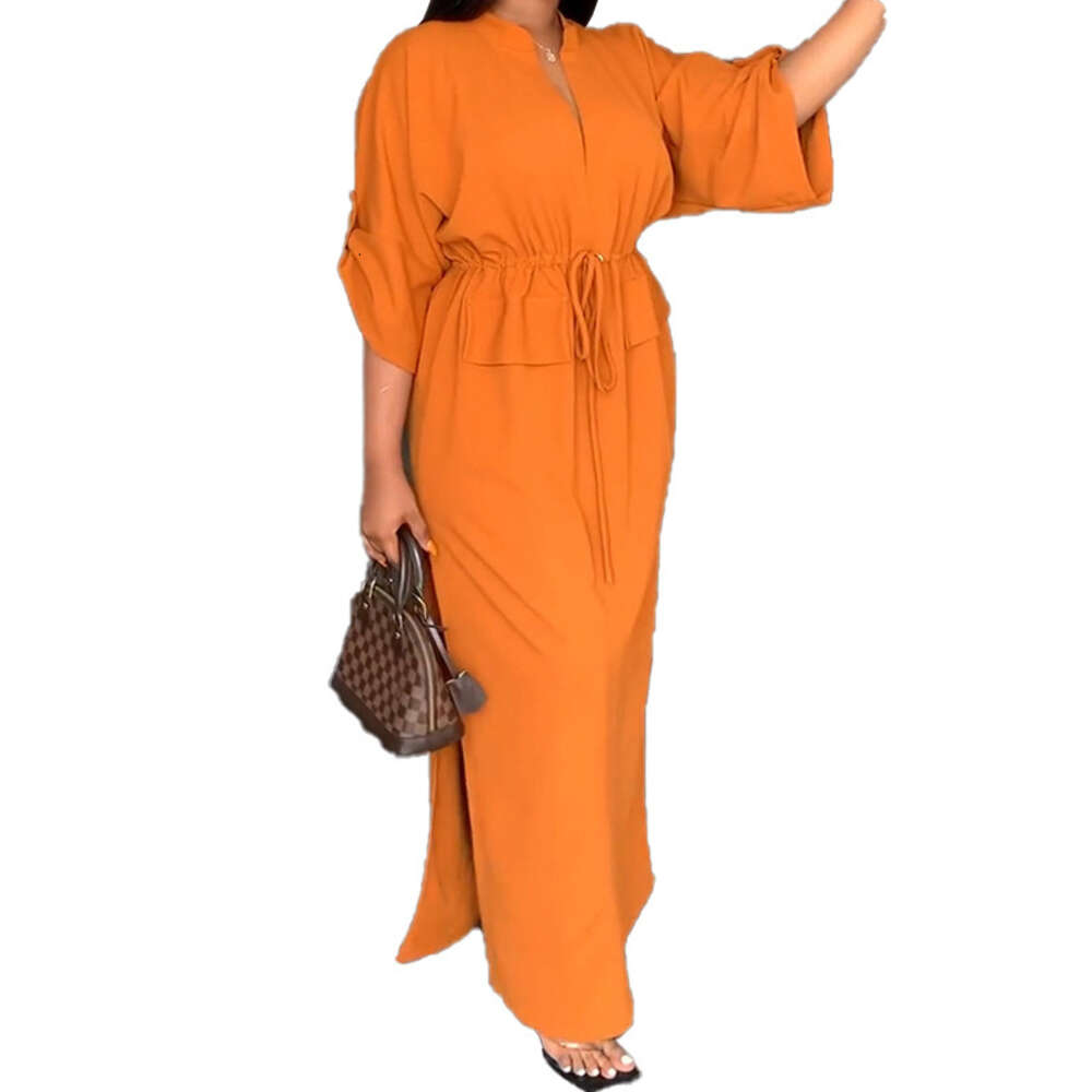 2024 Summer New Women's Style V-neck Lace Waist Loose Casual Split Dress F51736