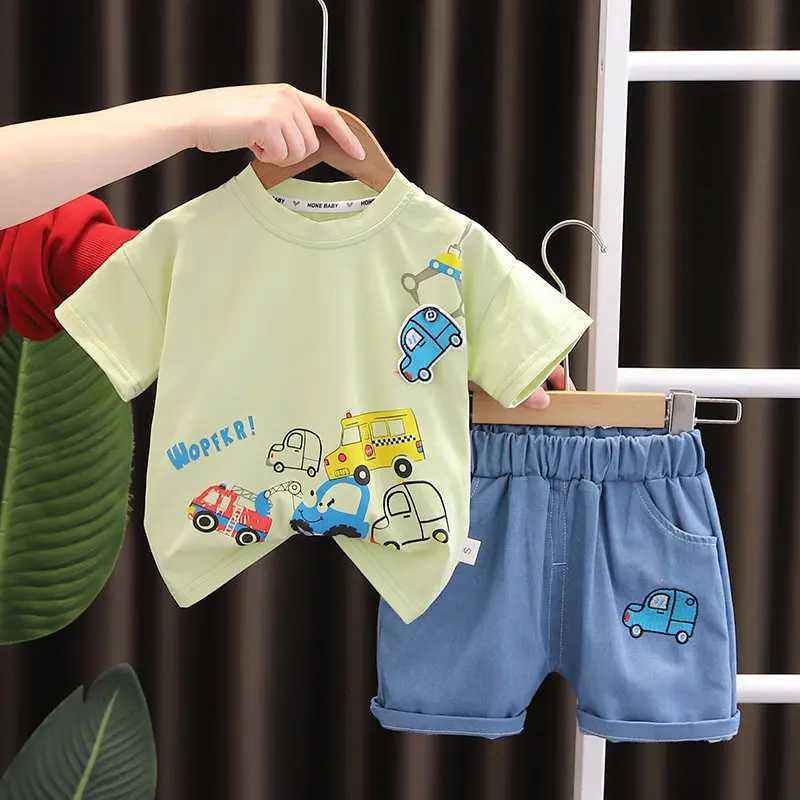 Clothing Sets Summer childrens baby cotton clothing car T-shirts and shorts 2 pieces/set childrens fashionable clothing baby track and field clothing 
