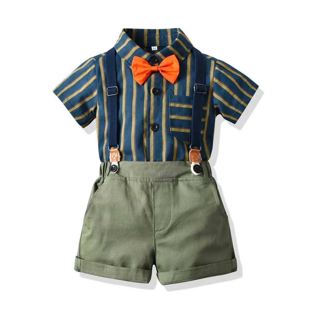 Clothing Sets Boys shirt set summer boys ceremony shorts flip collar short sleeved shirt bow tie shorts elegant boys clothing childrens dress set WX