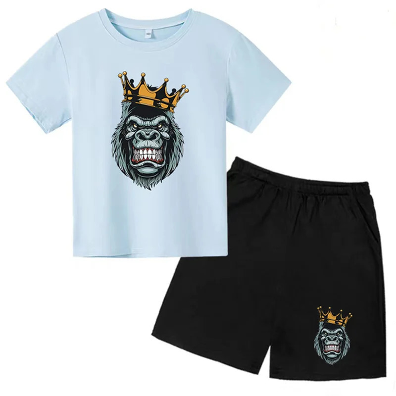 Kids Summer Short Sleeve T-shirt Boys Girls Toddlers 3-12Y Animal Gorilla Top Shorts 2P Cute Fun Pretty Girl Clothes Casual Set 240517