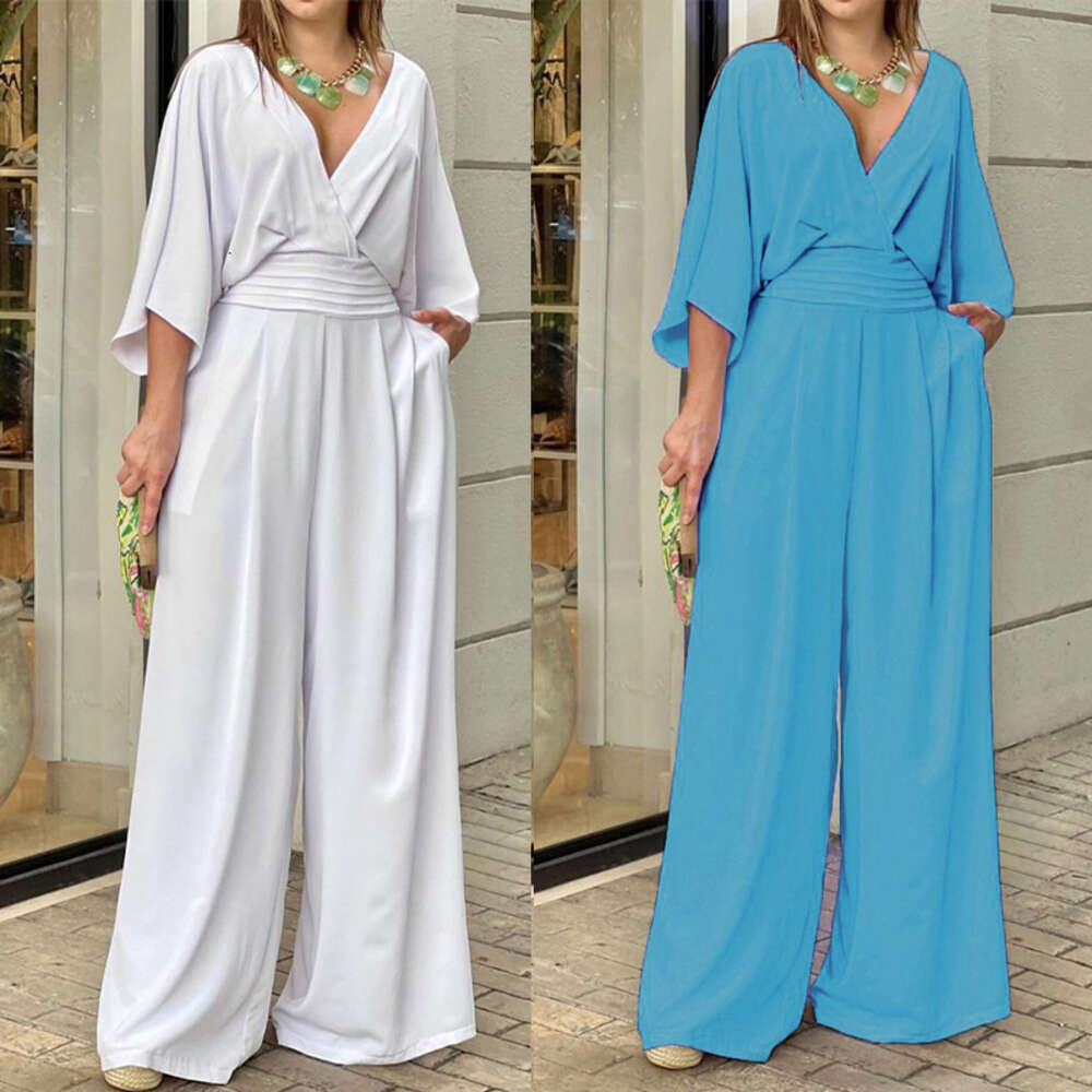 Summer 2024 elegant clothing women's fashion solid color ins short sleeved casual V-neck jumpsuit F51739