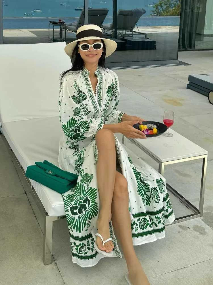 Basic Casual Dresses Fashion Print Single Breast Maxi Dress For Women V Neck Long Lantern Slve Loose Robes 2024 New Female Holiday Vestidos Y240515