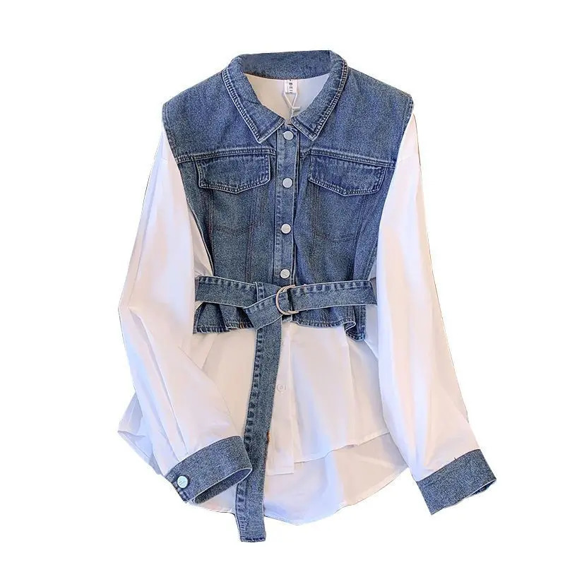 Spring Autumn Casual Denim Patchwork Shirt Womens Clothing Commute Turndown Collar Stylish Sashes Basic Singlebreasted Blouse 240517