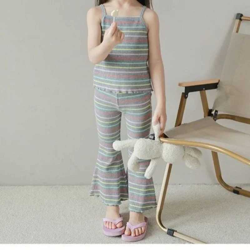 Clothing Sets Baby Girls Set 2024 Tops+Pants Summer Set Ice Silk Thin Childrens Striped Tank Top Bell Pants Two Piece Set WX