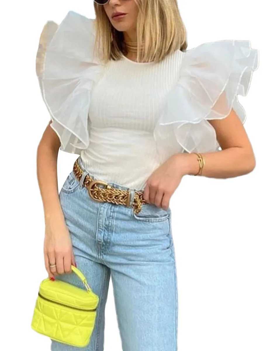 Women's Jumpsuits Rompers Women Short Bodysuits Ribbed Solid Casual Ruffled Lace T-Shirt Summer Jumpsuits Grunge Aesthetic Outfit Y240515