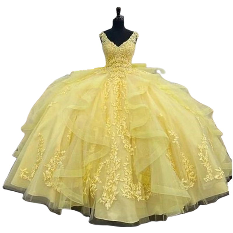 Light Yellow Quinceanera Dresses Ruffle Pluffy Debutante Dress Lace Appliques Foor Length Ball Gown vestidos de 15 anos V-Neck Prom Birthday Costume