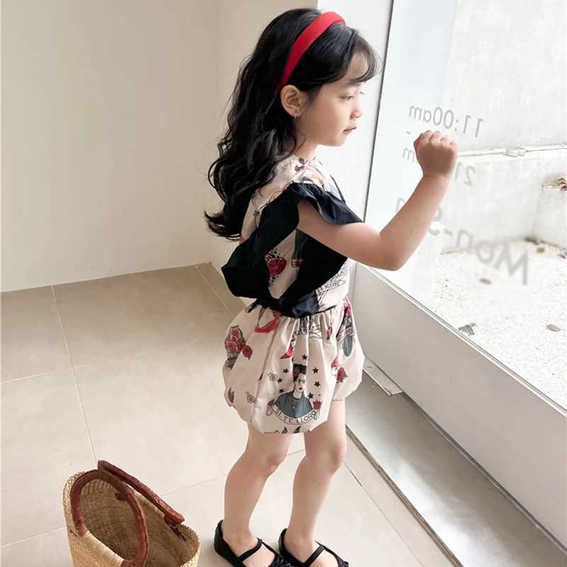 Clothing Sets Ruffled design girl sleeveless shirt and shorts set vacation style beach set round neck childrens girl fashion two-piece set WX