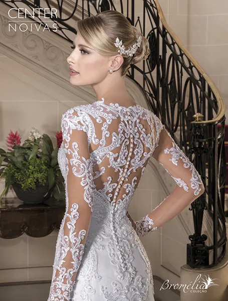 V Vintage Neck Long Sleeve Dresses Beaded Button Back Sheer Bridal Wedding Gowns Vestido De Casamento Bc estido