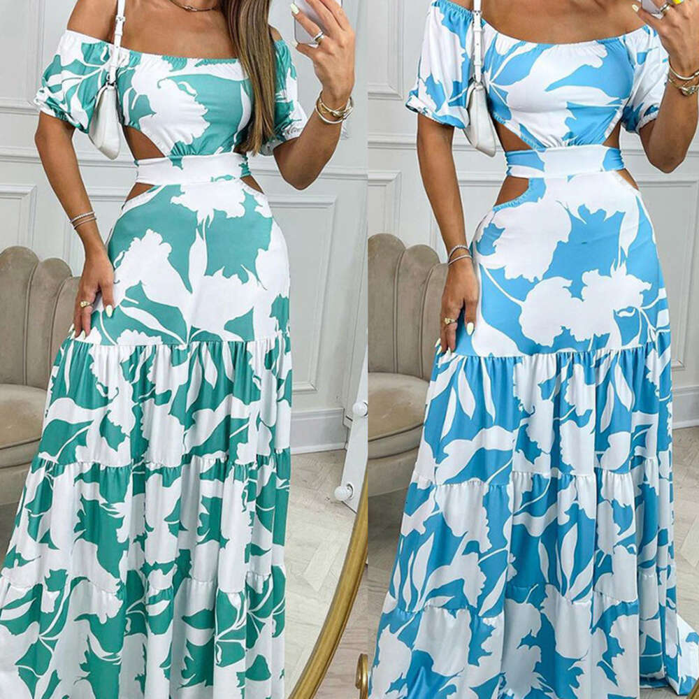 Summer 2024 Women's New Fashion Printed Style One Shoulder High Waist Hollow Ruffle Edge Dress for Women F51736