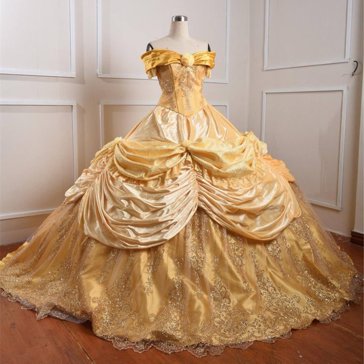 Vintage Princess Gold Quinceanera Dresses Off The Shoulder Ruched Ball Gown Floor Length Sweet 16 Dress Cosplay Prom Special Occasion Wear Lace Appliq