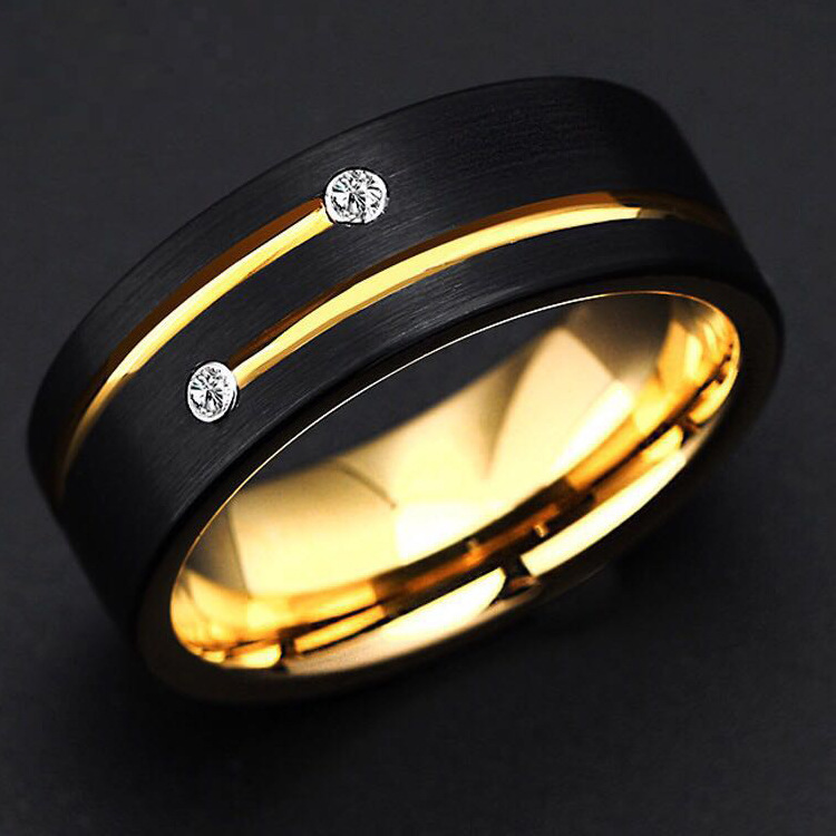 Gold Diamond Groove Ring Band Contrast Color Black Gold Mens Rings Wedding Promise Band Designer Jewelry Charm Gift