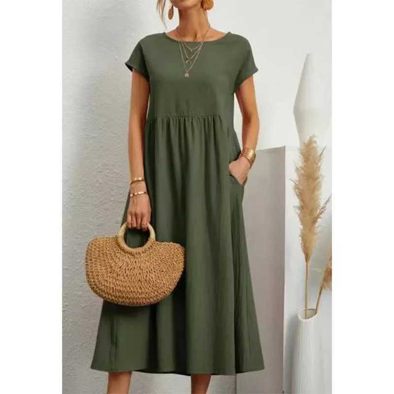 Basic Casual Dresses Solid Color Casual Loose Summer Long Dresses For Women 2023 Trendy Elegant Vintage Womens Plus Size Short Slve O-Neck Dress Y2405
