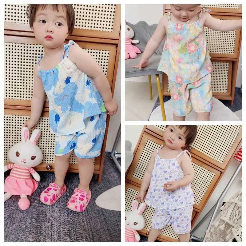 Clothing Sets Girls Clothing Set 2024 Summer Fashion Girls Set Childrens Flower Print with Oil Painting Style Fresh Set WX