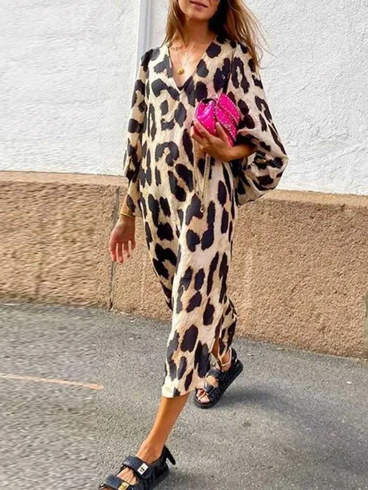 Basic Casual Dresses Elegan V-neck Leopard Print Maxi Dress For Women Vintage Lantern Slves Loose Vestido 2024 Spring Casual Female High Strtwear Y240